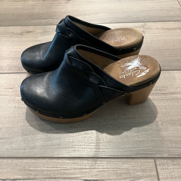 Clarks Artisan Ledella Meg Black Leather Heeled Platform Clogs Braid Studded 6 - Picture 3 of 5
